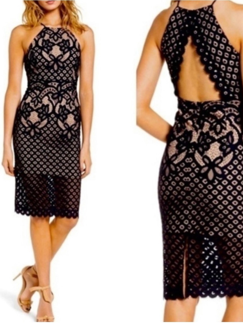 Bardot Navy Lace Halter Midi Dress with Nude Lining